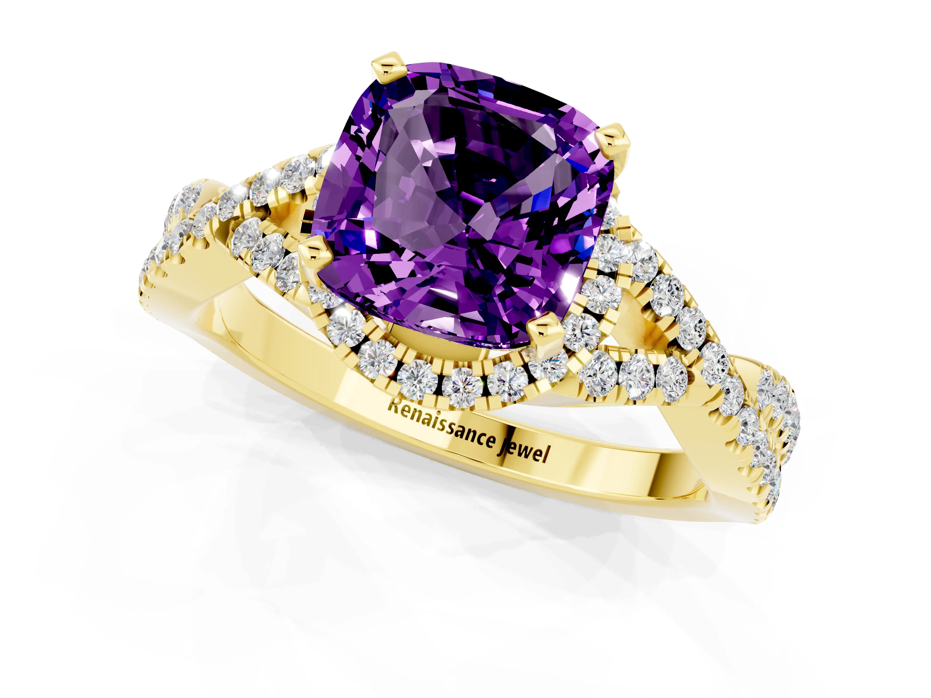Yellow gold Cushion Cut Amethyst Halo Twist Band Solitaire Prong Setting Ring_1