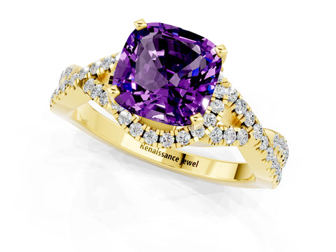 Yellow gold Cushion Cut Amethyst Halo Twist Band Solitaire Prong Setting Ring_1