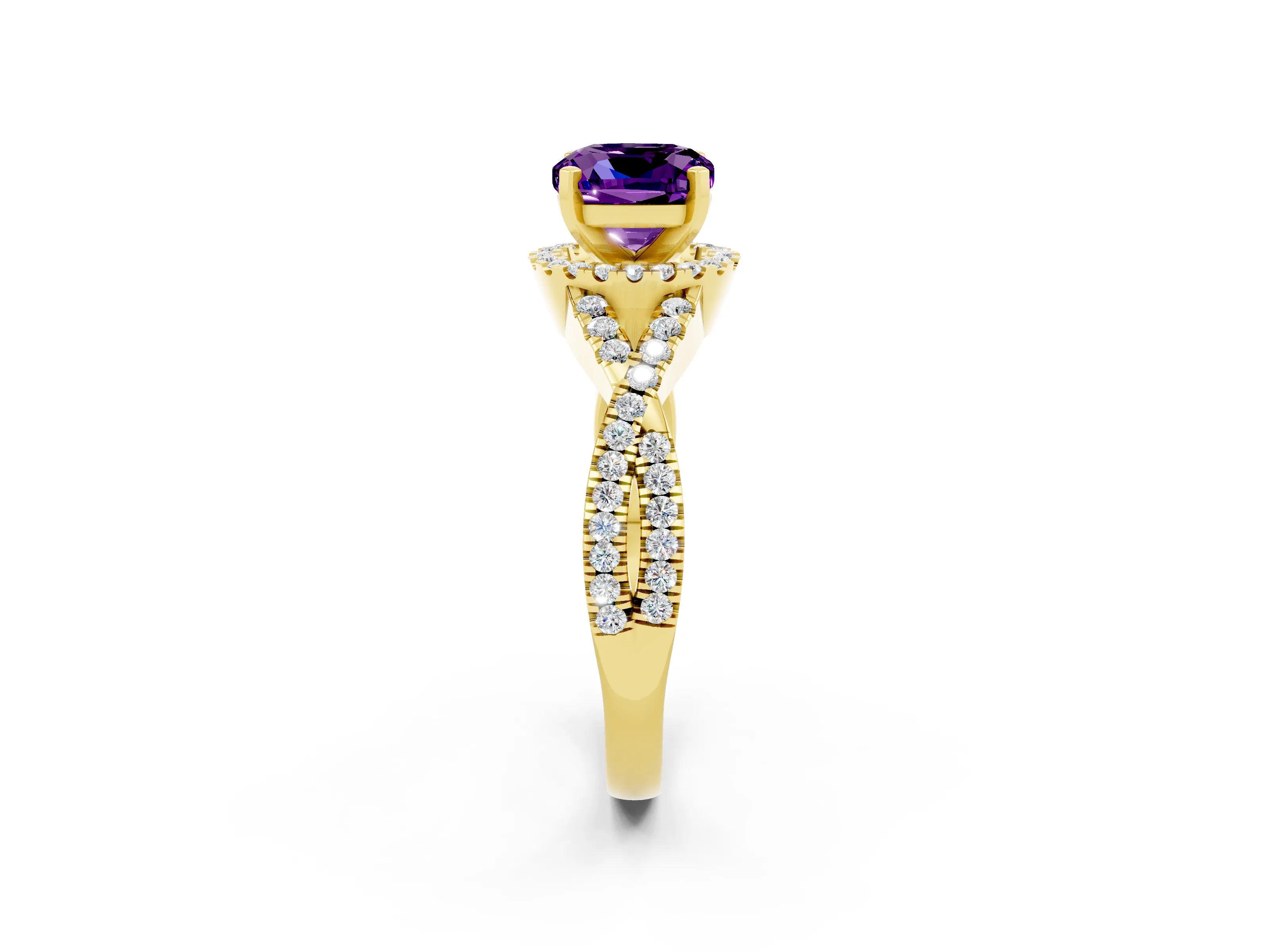 Yellow gold Cushion Cut Amethyst Halo Twist Band Solitaire Prong Setting Ring_2