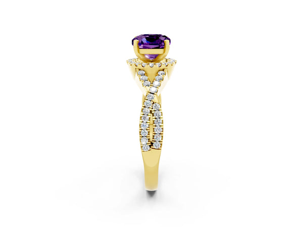 Yellow gold Cushion Cut Amethyst  Halo Twist Band Solitaire Prong Setting Ring