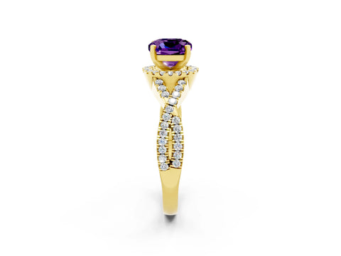 Yellow gold Cushion Cut Amethyst Halo Twist Band Solitaire Prong Setting Ring_2
