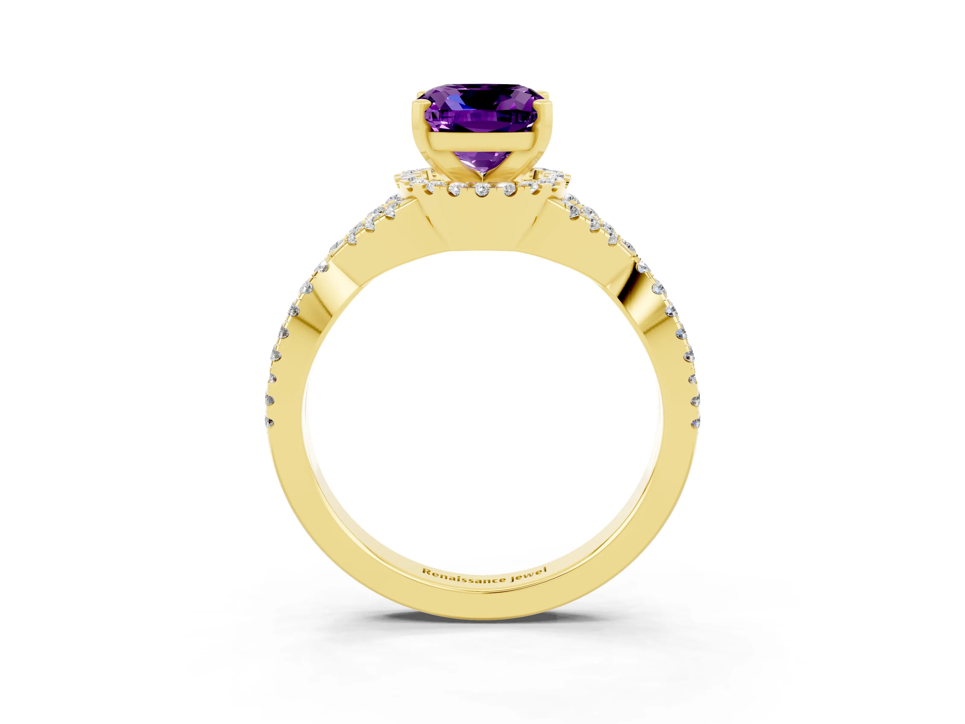 Yellow gold Cushion Cut Amethyst Halo Twist Band Solitaire Prong Setting Ring_3