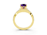 Yellow gold Cushion Cut Amethyst Halo Twist Band Solitaire Prong Setting Ring_3