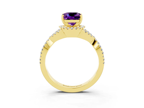 Yellow gold Cushion Cut Amethyst  Halo Twist Band Solitaire Prong Setting Ring