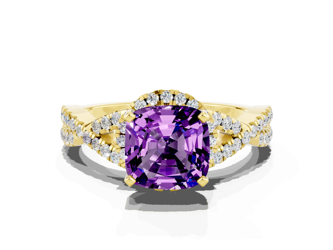 Yellow gold Cushion Cut Amethyst  Halo Twist Band Solitaire Prong Setting Ring_36