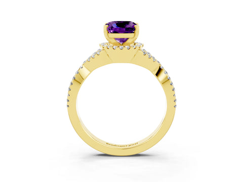 Yellow gold Cushion Cut Amethyst Halo Twist Band Solitaire Prong Setting Ring_3