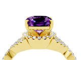 Yellow gold Cushion Cut Amethyst Halo Twist Band Solitaire Prong Setting Ring_4