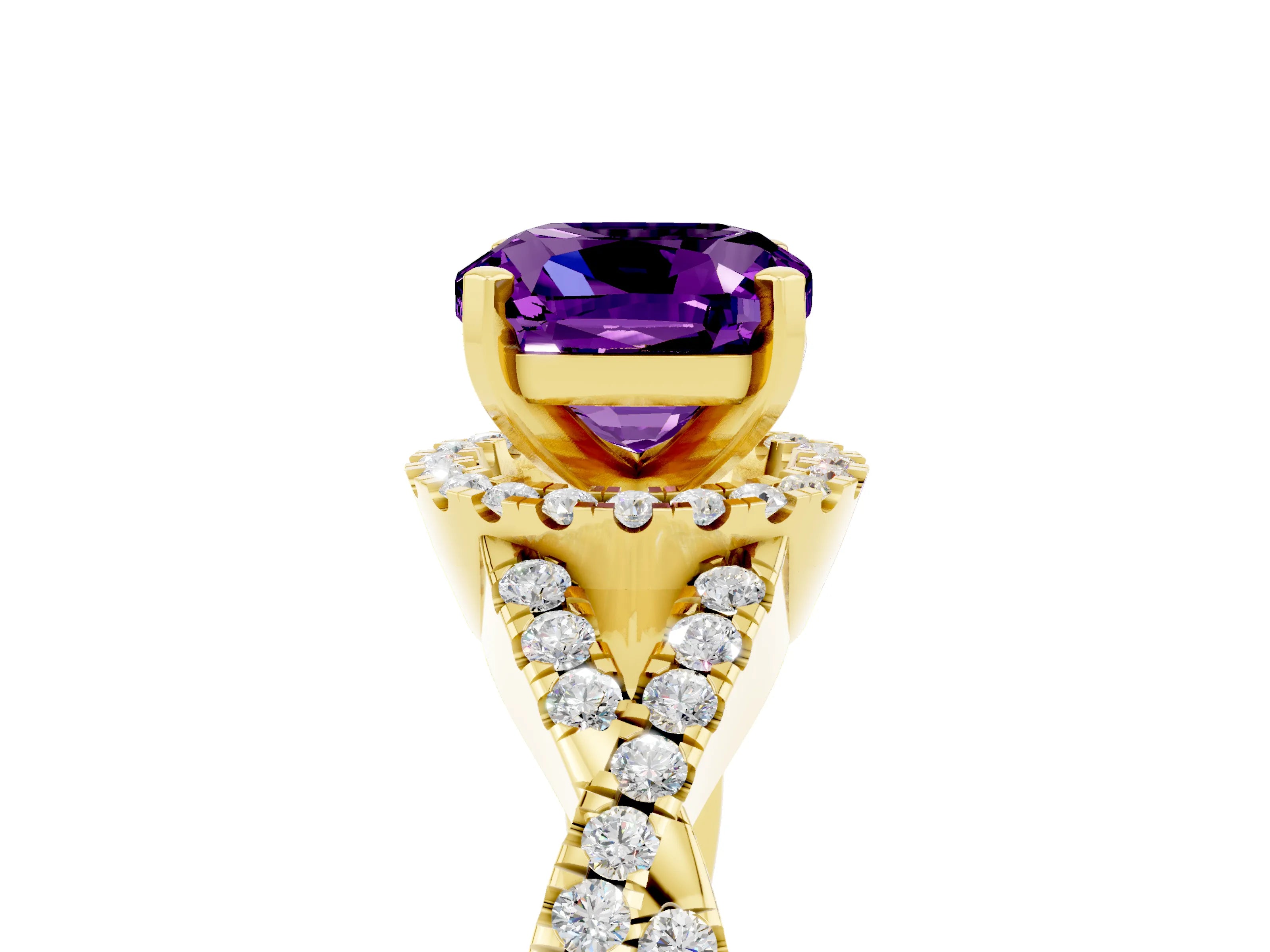 Yellow gold Cushion Cut Amethyst Halo Twist Band Solitaire Prong Setting Ring_5
