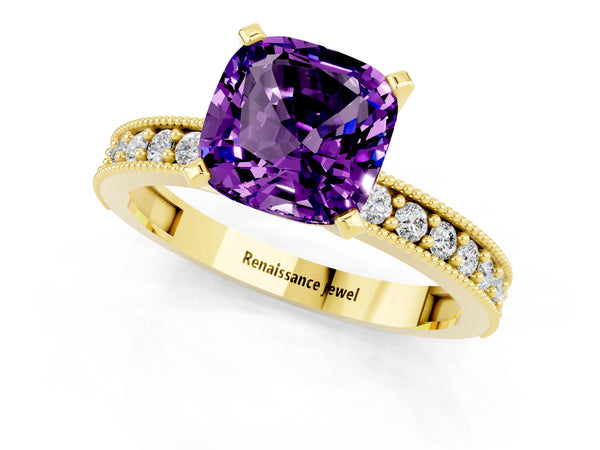 Yellow gold Cushion Cut Amethyst Milgrain Pavé Engagement Ring with Four-Prong Setting