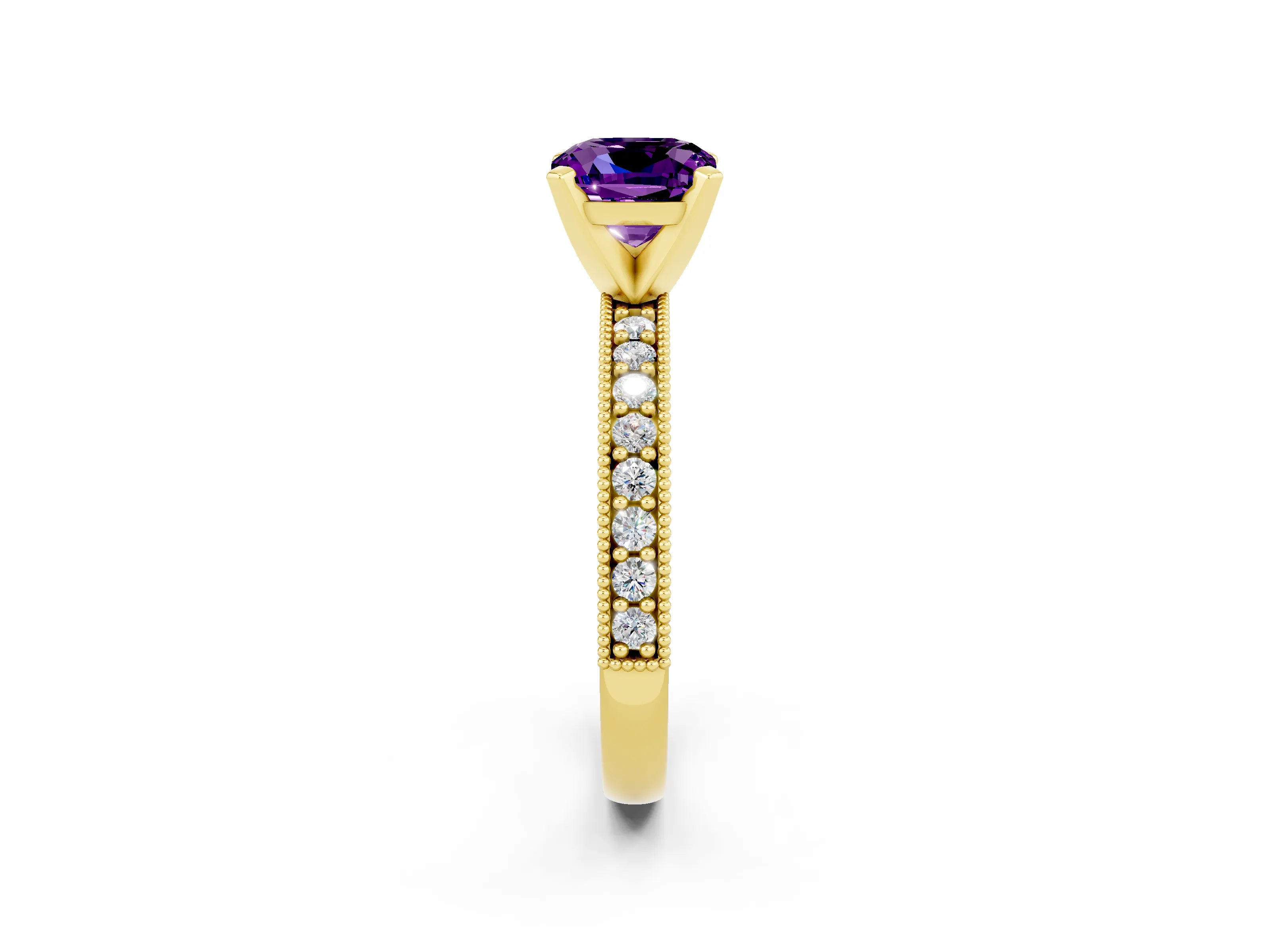 Yellow gold Cushion Cut Amethyst Milgrain Pavé Engagement Ring with Four-Prong Setting_14
