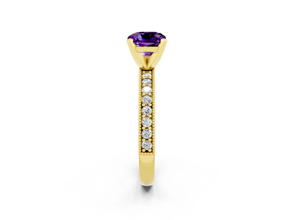 Yellow gold Cushion Cut Amethyst Milgrain Pavé Engagement Ring with Four-Prong Setting