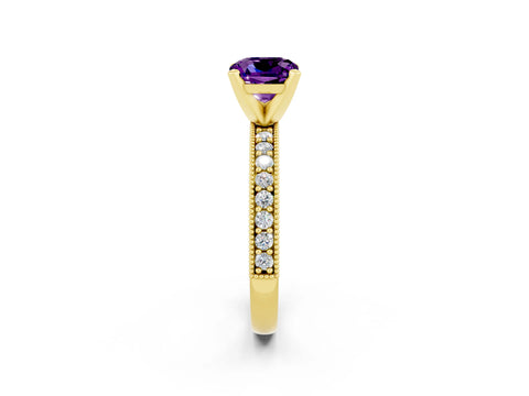 Yellow gold Cushion Cut Amethyst Milgrain Pavé Engagement Ring with Four-Prong Setting_14