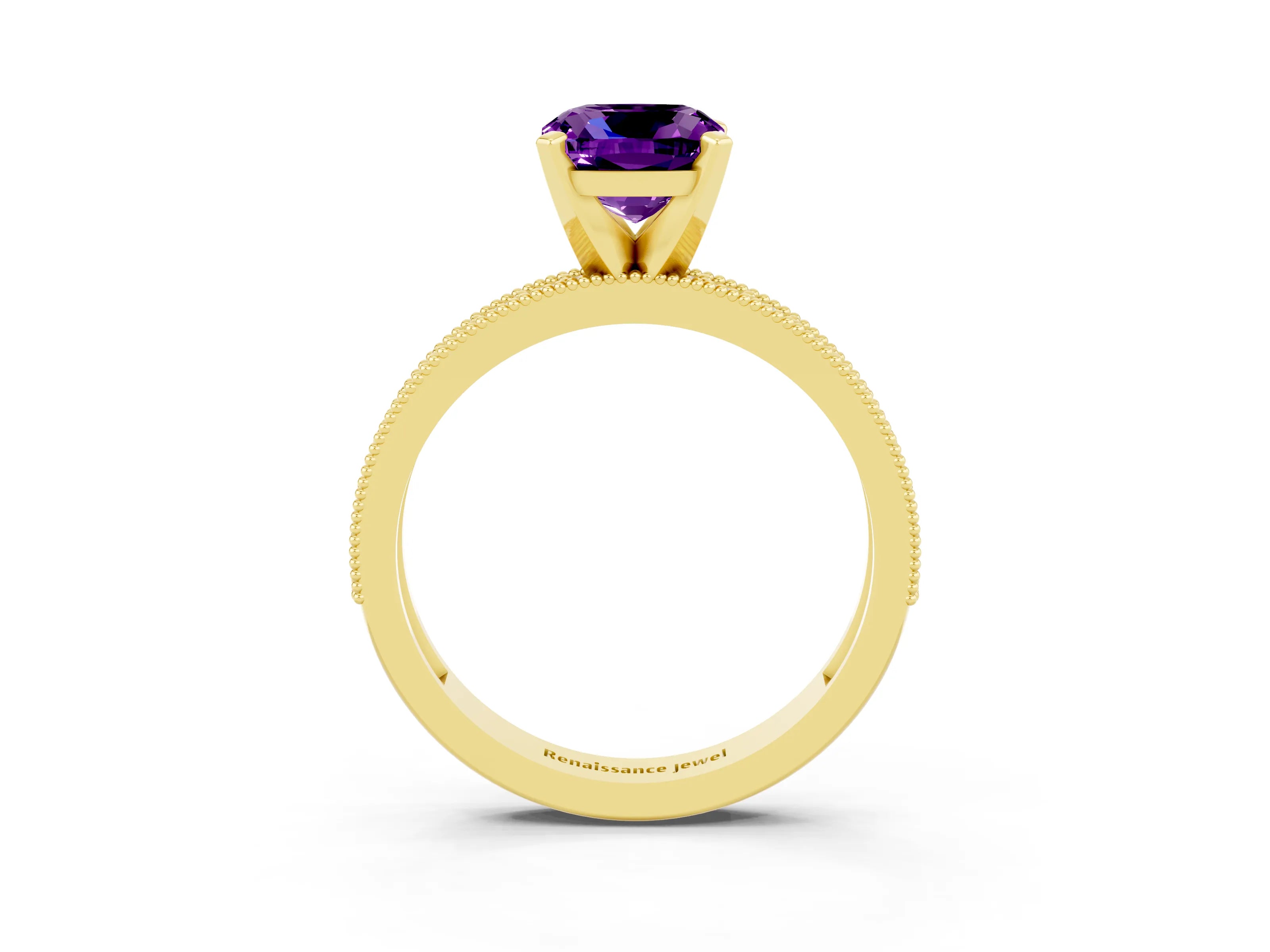 Yellow gold Cushion Cut Amethyst Milgrain Pavé Engagement Ring with Four-Prong Setting_15