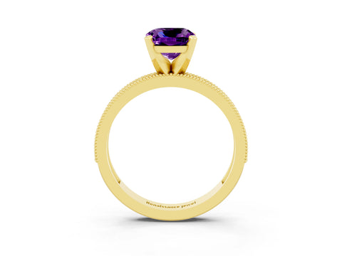 Yellow gold Cushion Cut Amethyst Milgrain Pavé Engagement Ring with Four-Prong Setting_15