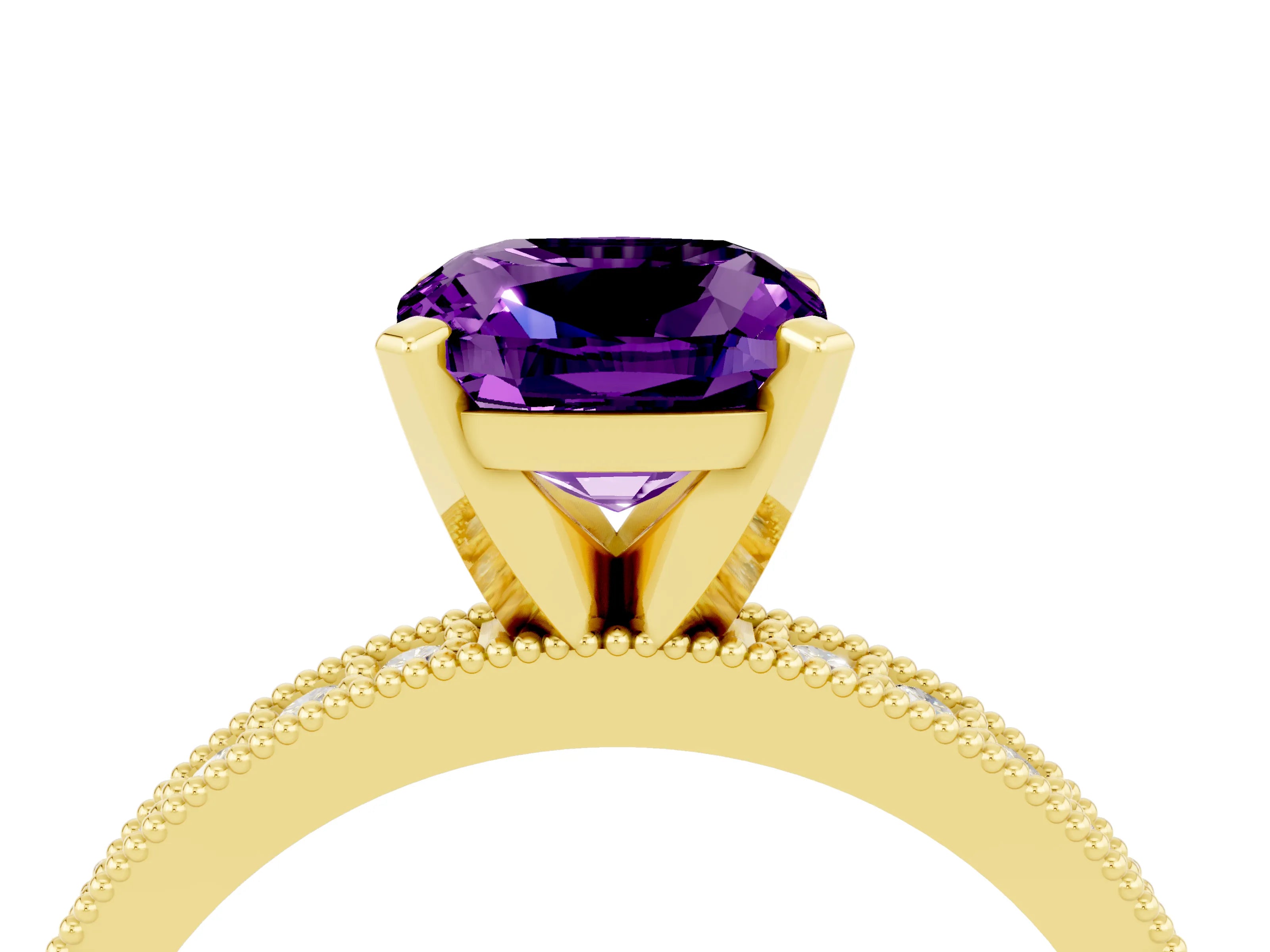 Yellow gold Cushion Cut Amethyst Milgrain Pavé Engagement Ring with Four-Prong Setting_16
