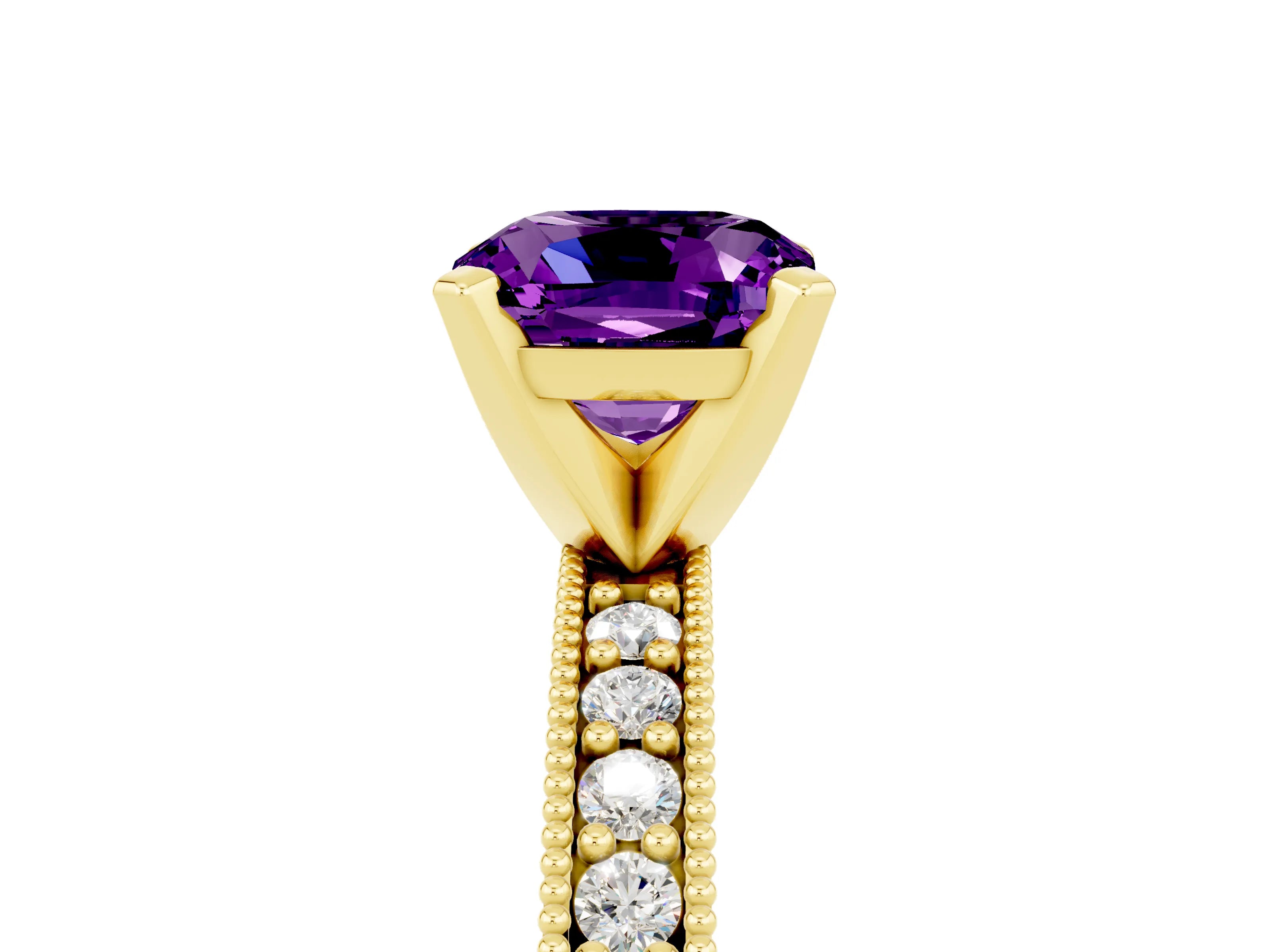 Yellow gold Cushion Cut Amethyst Milgrain Pavé Engagement Ring with Four-Prong Setting_17