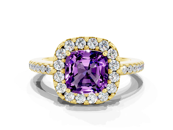 Yellow gold Cushion Cut Amethyst Pavé Halo Ring with Four-Prong Setting
