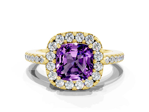 Yellow gold Cushion Cut Amethyst Pavé Halo Ring with Four-Prong Setting_12