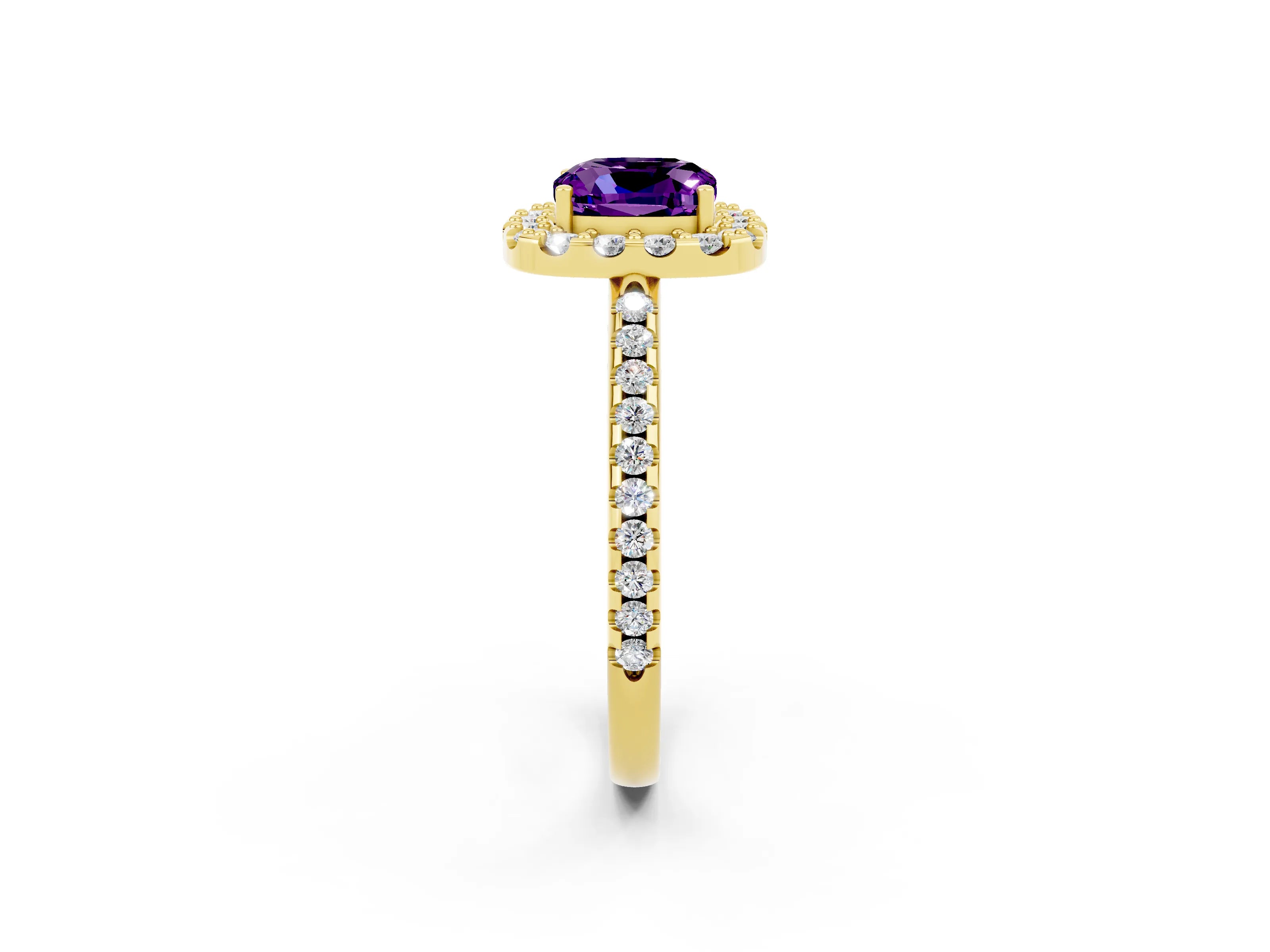 Yellow gold Cushion Cut Amethyst Pavé Halo Ring with Four-Prong Setting_14