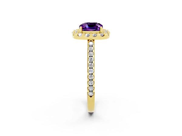Yellow gold Cushion Cut Amethyst Pavé Halo Ring with Four-Prong Setting
