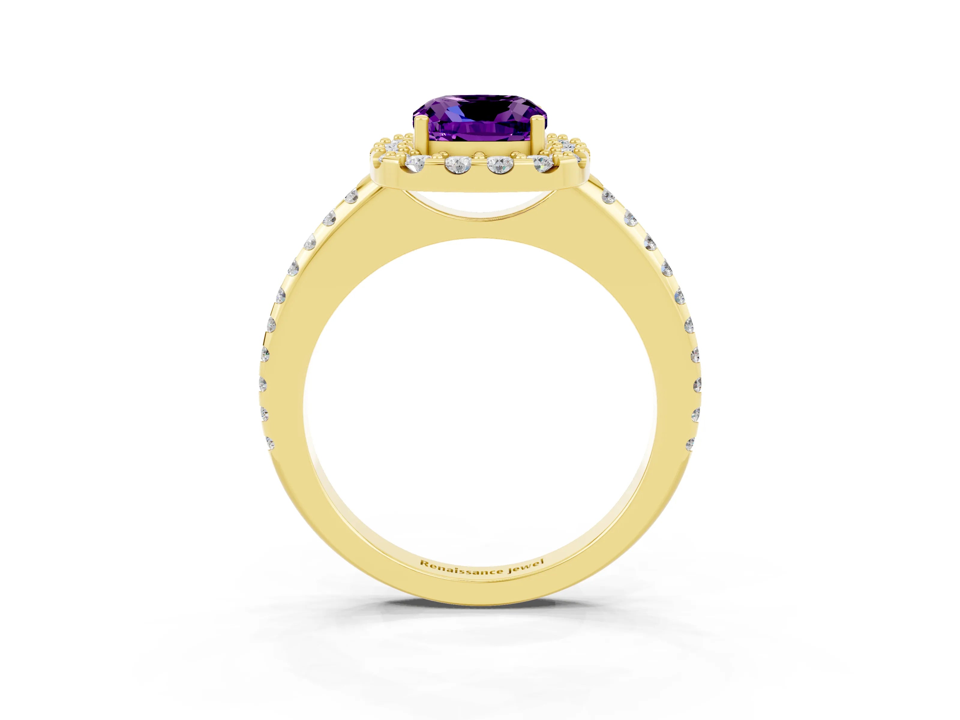 Yellow gold Cushion Cut Amethyst Pavé Halo Ring with Four-Prong Setting_15