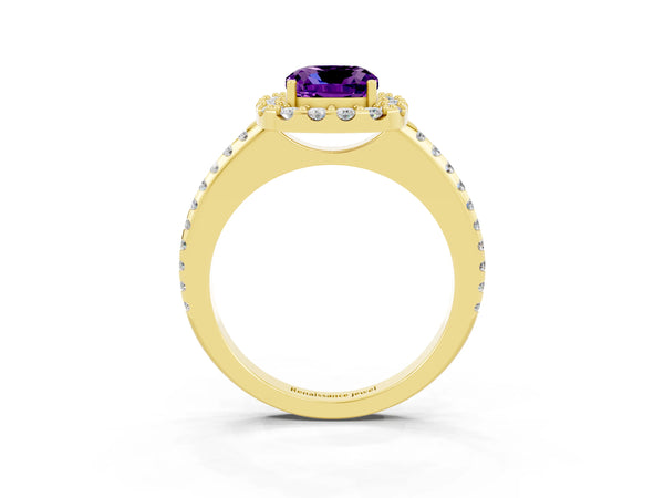 Yellow gold Cushion Cut Amethyst Pavé Halo Ring with Four-Prong Setting