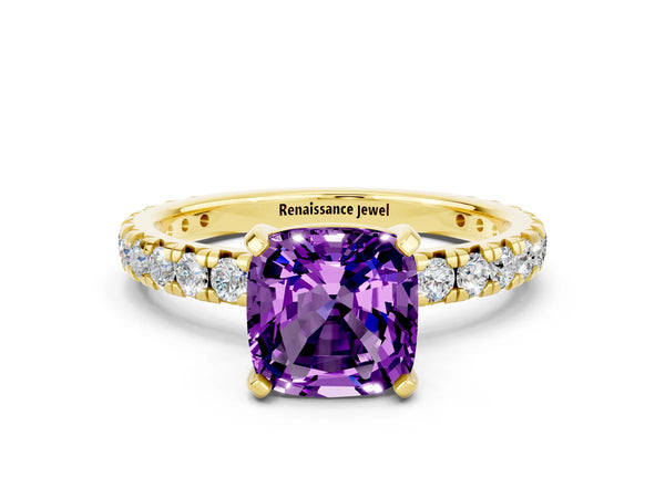 Yellow gold Cushion Cut Amethyst Pavé Solitaire Ring with Round Band and Prong Setting