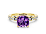 Yellow gold Cushion Cut Amethyst Pavé Solitaire Ring with Round Band and Prong Setting_24