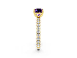 Yellow gold Cushion Cut Amethyst Pavé Solitaire Ring with Round Band and Prong Setting_26