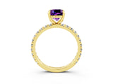 Yellow gold Cushion Cut Amethyst Pavé Solitaire Ring with Round Band and Prong Setting_27