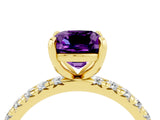 Yellow gold Cushion Cut Amethyst Pavé Solitaire Ring with Round Band and Prong Setting_28