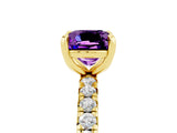Yellow gold Cushion Cut Amethyst Pavé Solitaire Ring with Round Band and Prong Setting_29