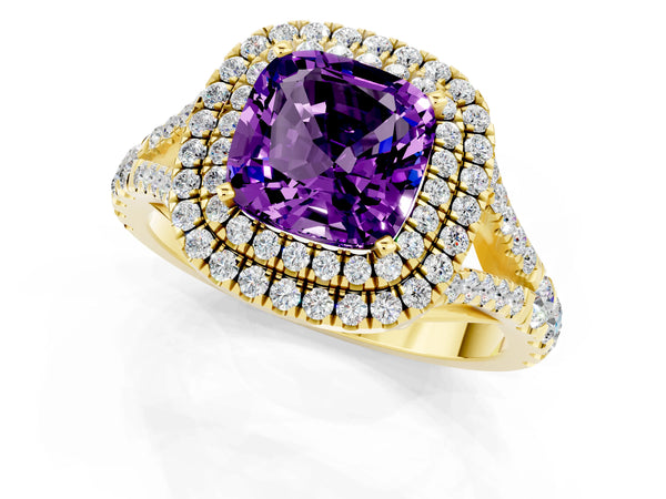 Yellow gold Cushion Cut Amethyst Pavé Split Shank Double Halo Engagement Ring