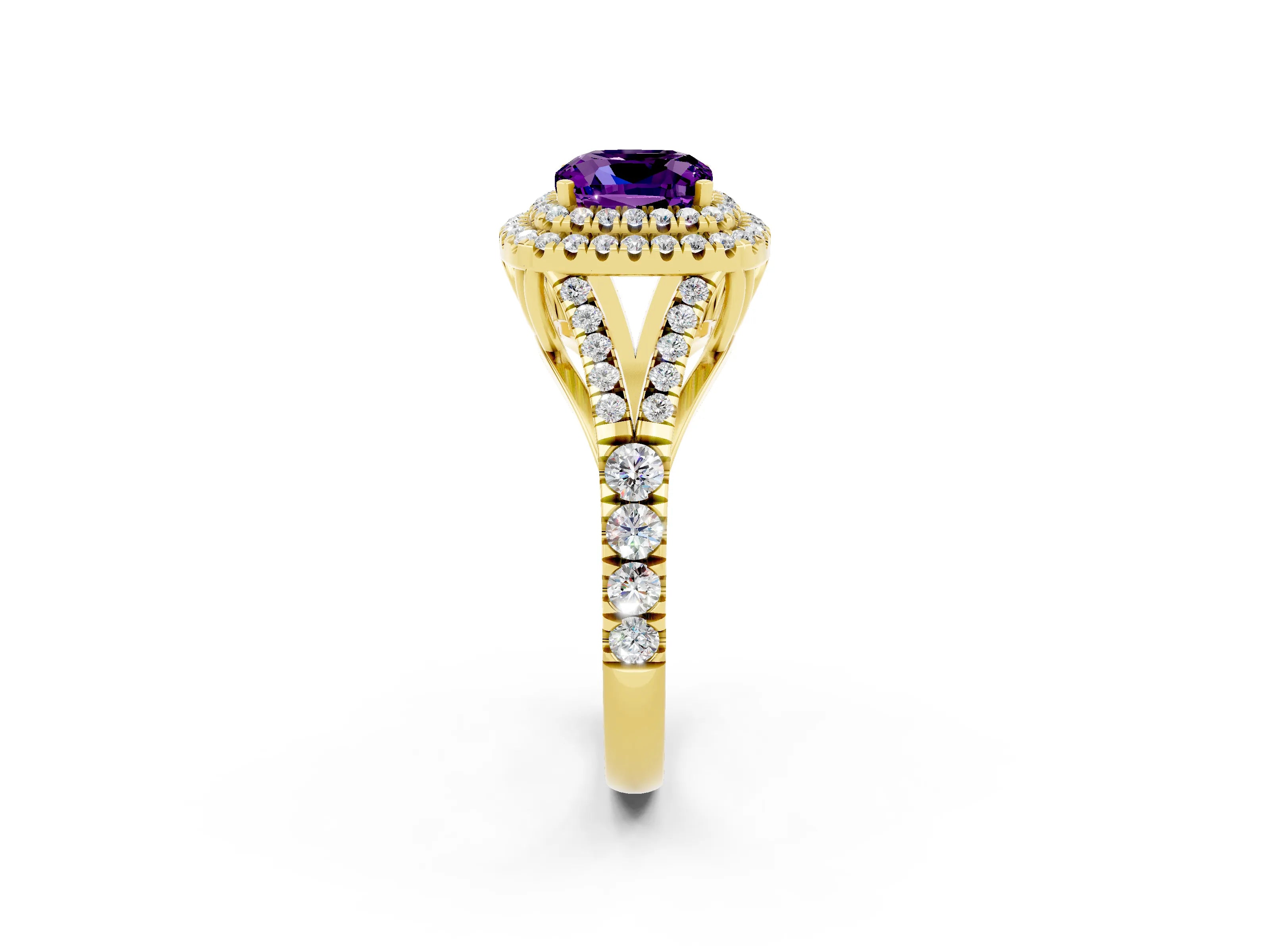 Yellow gold Cushion Cut Amethyst Pavé Split Shank Double Halo Engagement Ring_2