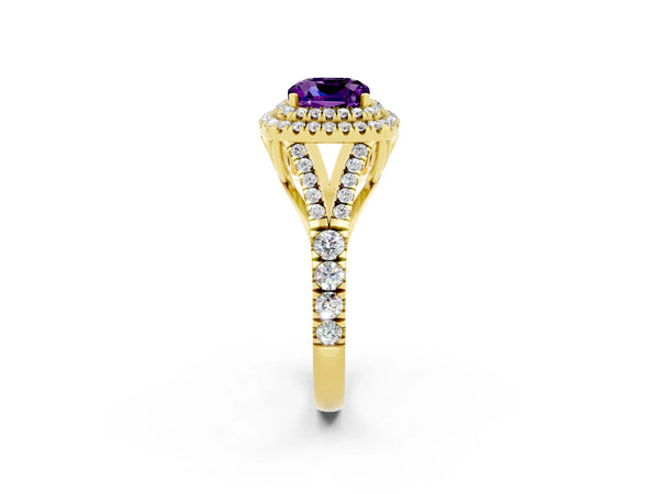 Yellow gold Cushion Cut Amethyst Pavé Split Shank Double Halo Engagement Ring