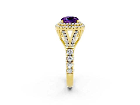 Yellow gold Cushion Cut Amethyst Pavé Split Shank Double Halo Engagement Ring_2