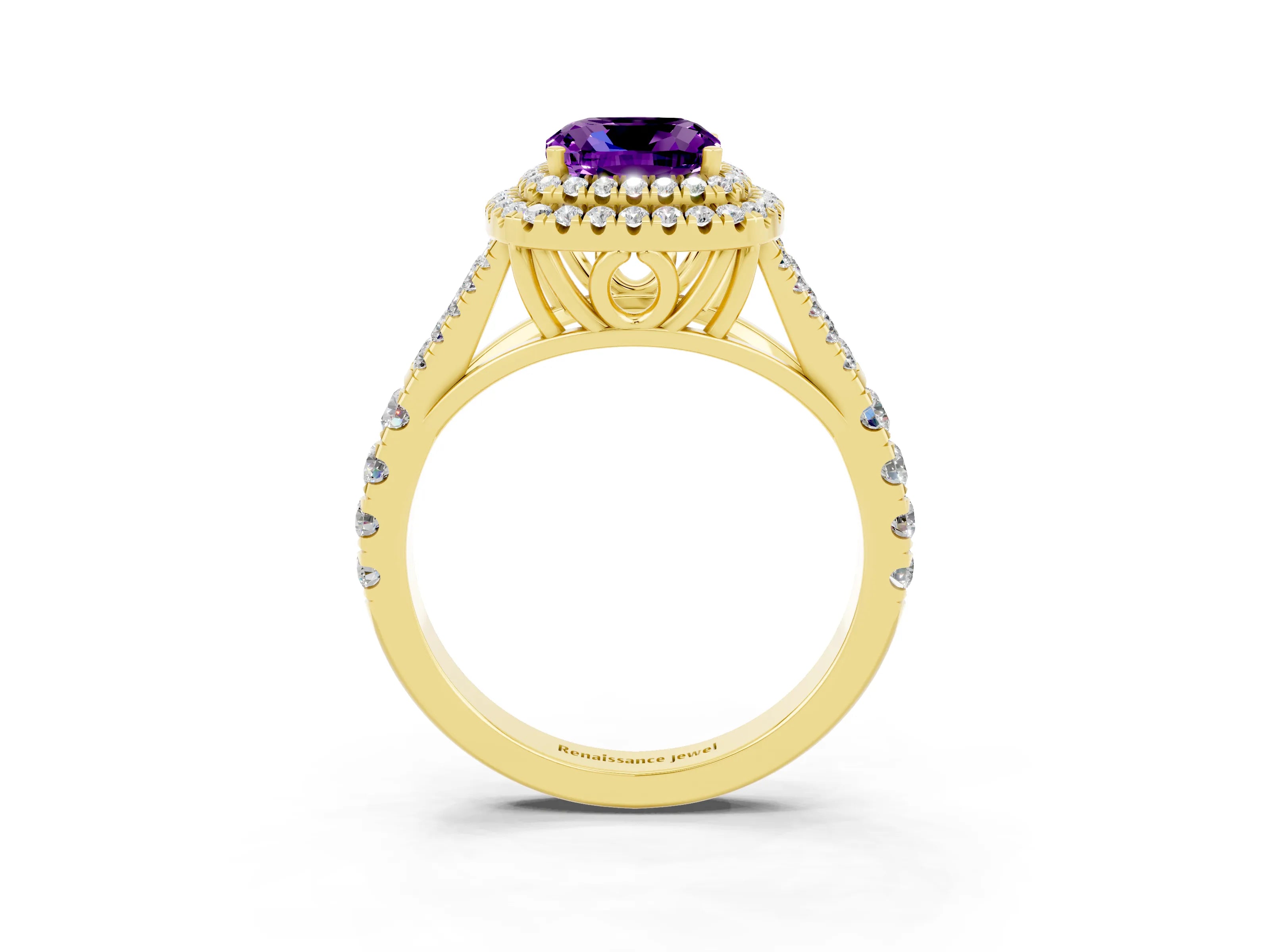 Yellow gold Cushion Cut Amethyst Pavé Split Shank Double Halo Engagement Ring_3