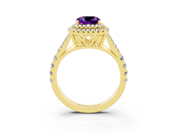 Yellow gold Cushion Cut Amethyst Pavé Split Shank Double Halo Engagement Ring