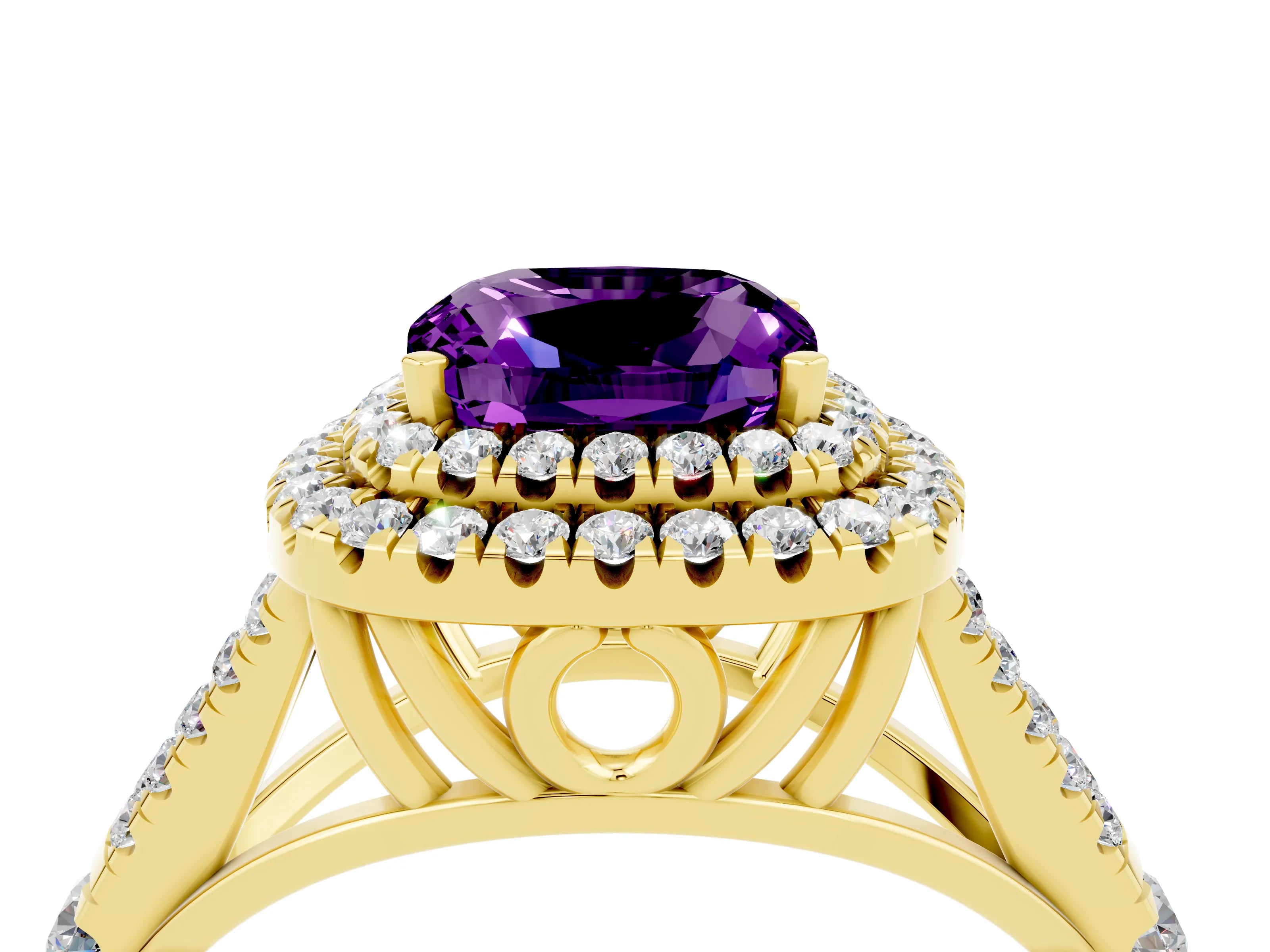 Yellow gold Cushion Cut Amethyst Pavé Split Shank Double Halo Engagement Ring_4