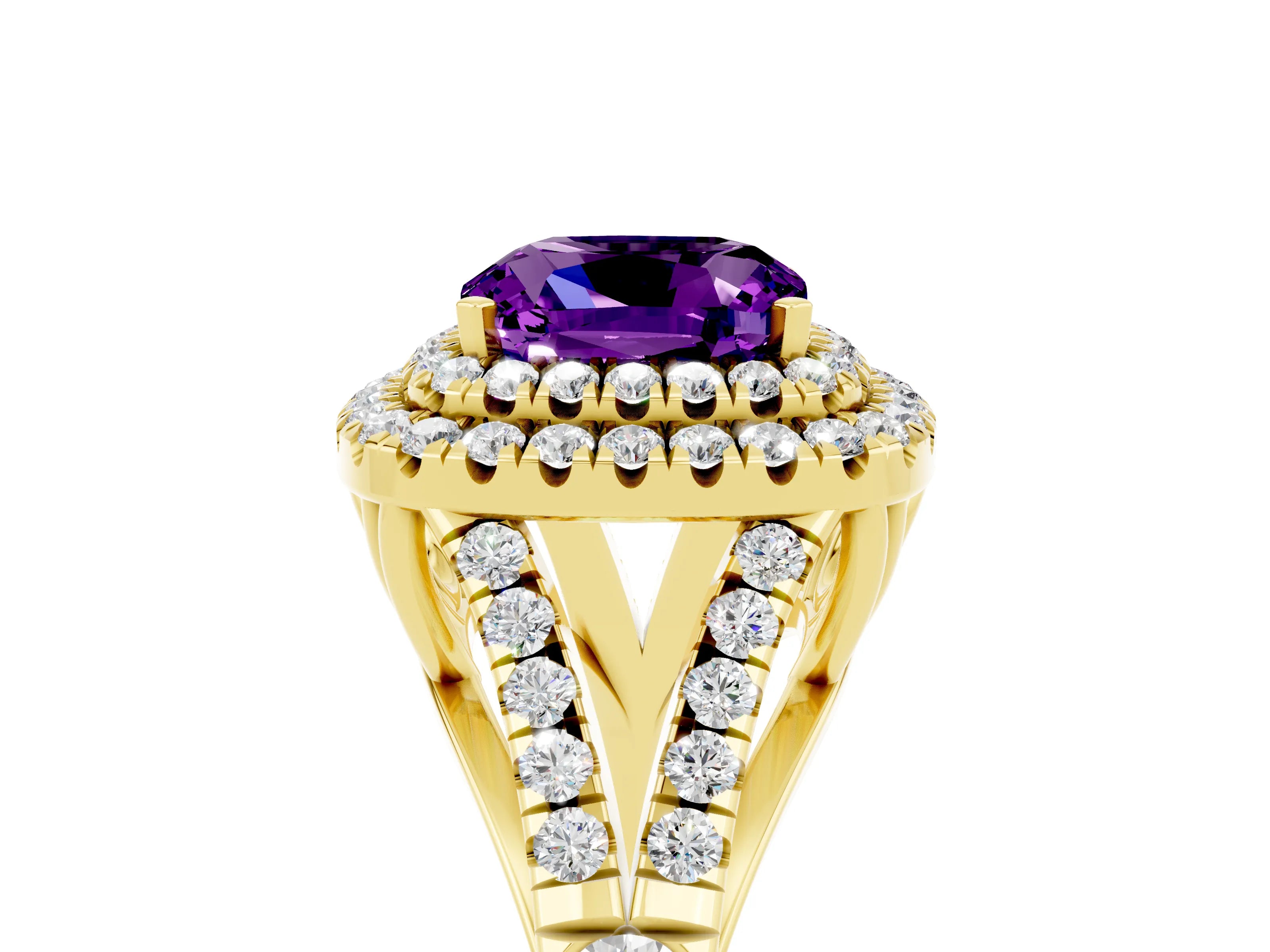 Yellow gold Cushion Cut Amethyst Pavé Split Shank Double Halo Engagement Ring_5