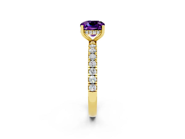 Yellow gold Cushion Cut Amethyst Pave Band Solitaire Ring with Round  and Prong Setting