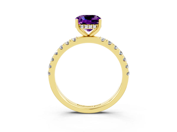Yellow gold Cushion Cut Amethyst Pave Band Solitaire Ring with Round  and Prong Setting