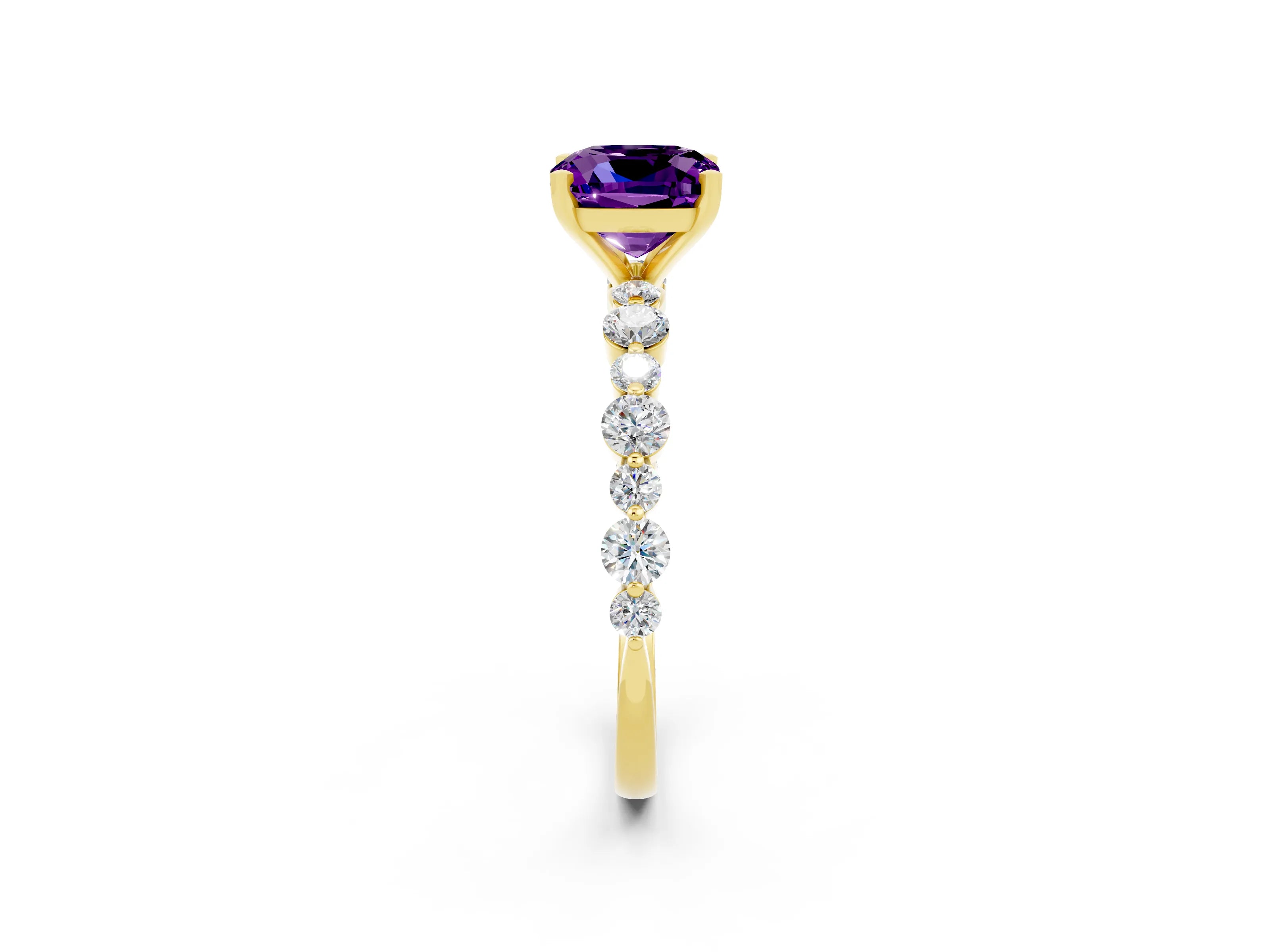 Yellow gold Cushion Cut Amethyst Prong Set Engagement Ring with Pavé Band_2