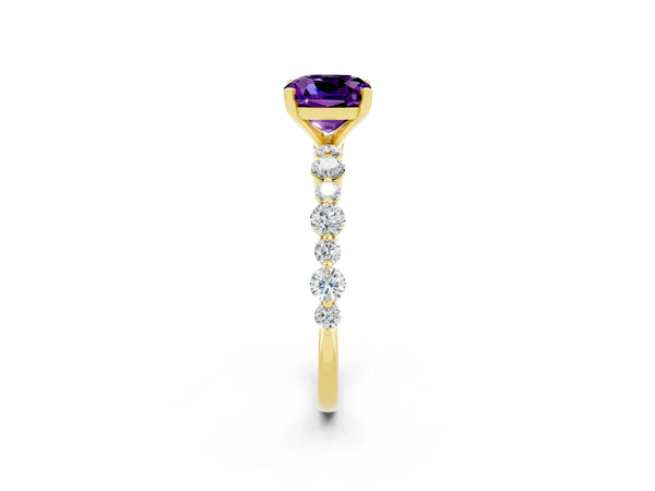 Yellow gold Cushion Cut Amethyst Prong Set Engagement Ring with Pavé Band