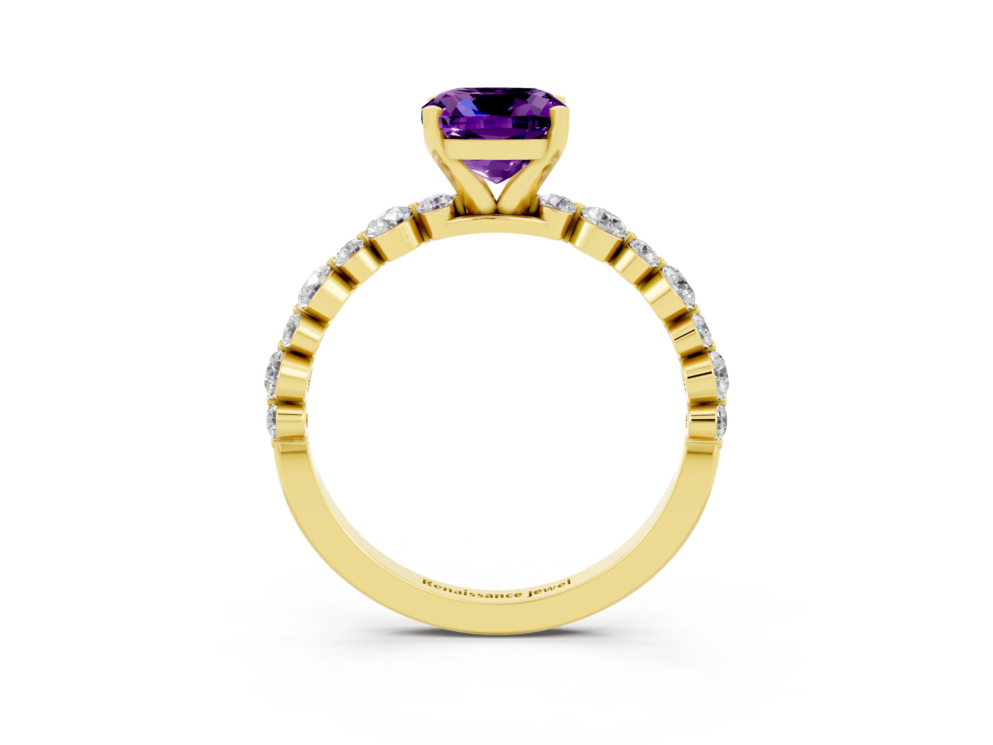 Yellow gold Cushion Cut Amethyst Prong Set Engagement Ring with Pavé Band_3