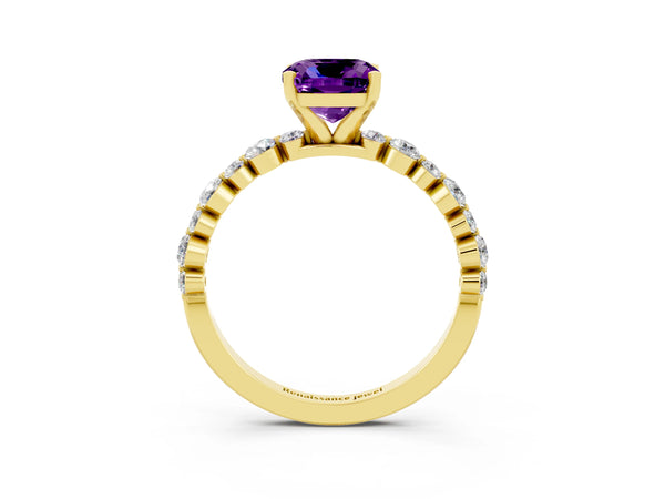 Yellow gold Cushion Cut Amethyst Prong Set Engagement Ring with Pavé Band