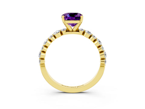 Yellow gold Cushion Cut Amethyst Prong Set Engagement Ring with Pavé Band_3