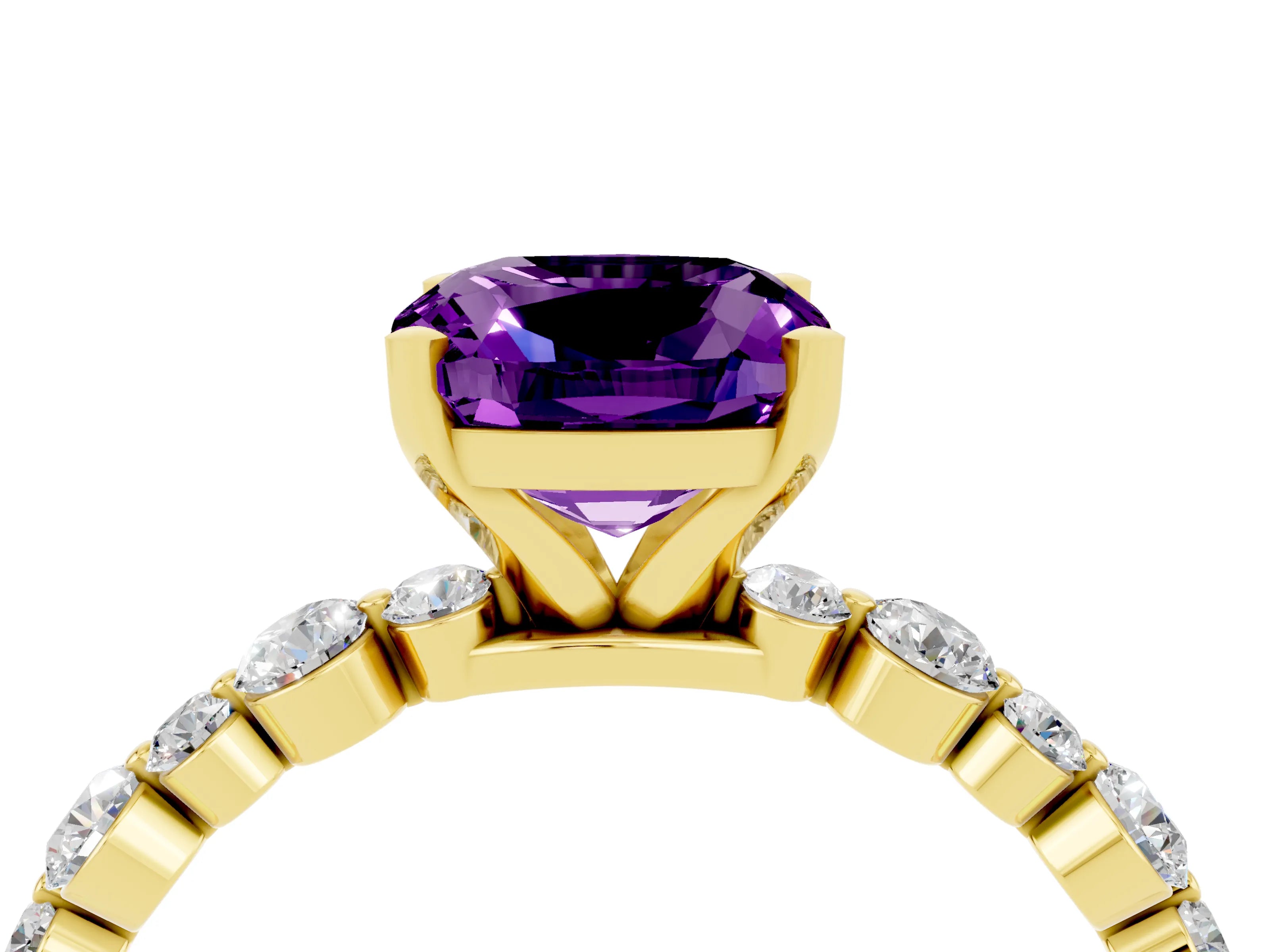 Yellow gold Cushion Cut Amethyst Prong Set Engagement Ring with Pavé Band_4