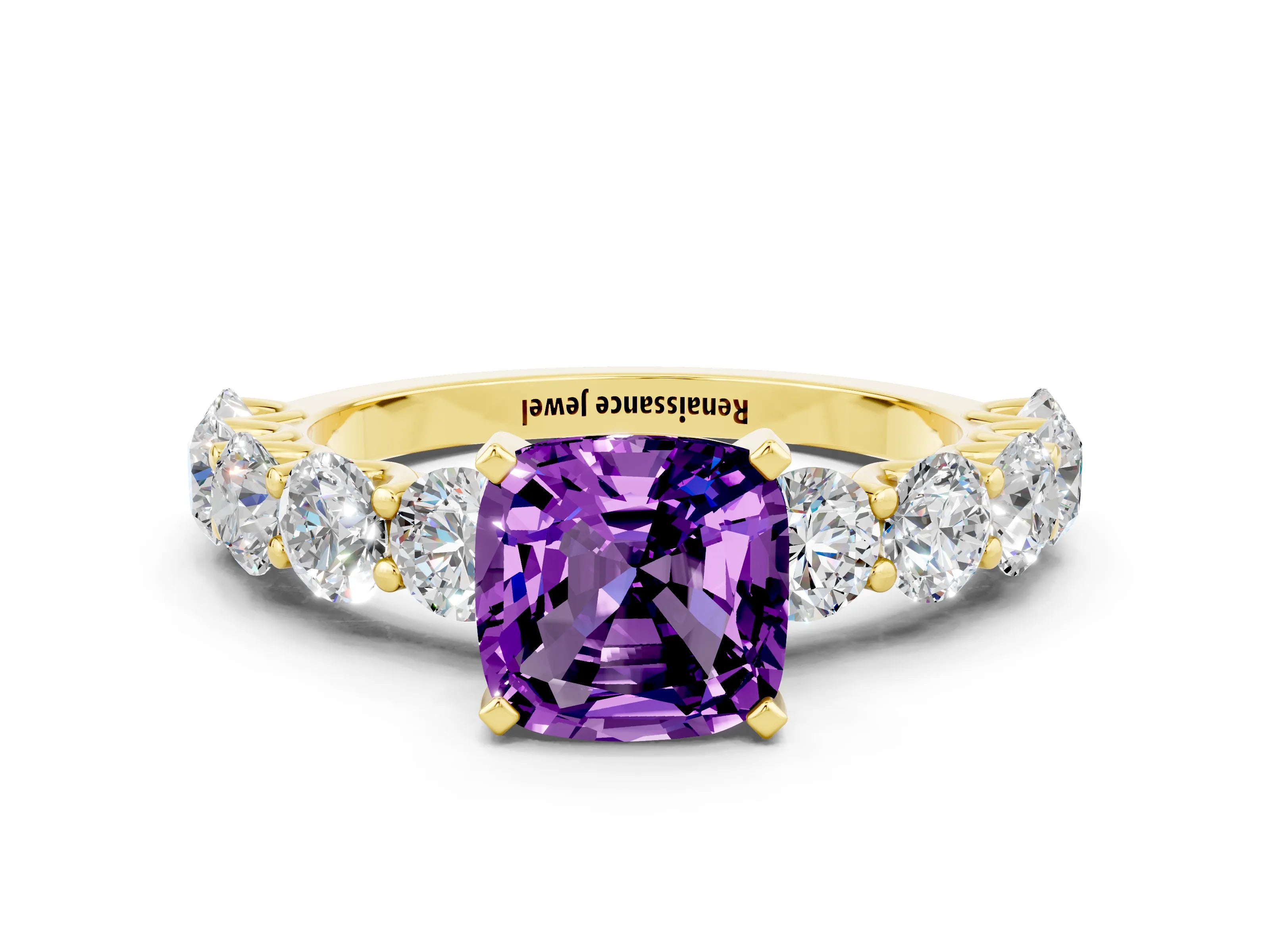 Yellow gold Cushion Cut Amethyst Prong Setting with Side Stones on a Pave Band