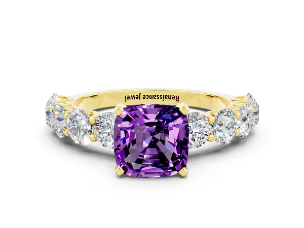 Yellow gold Cushion Cut Amethyst Prong Setting with Side Stones on a Pave Band